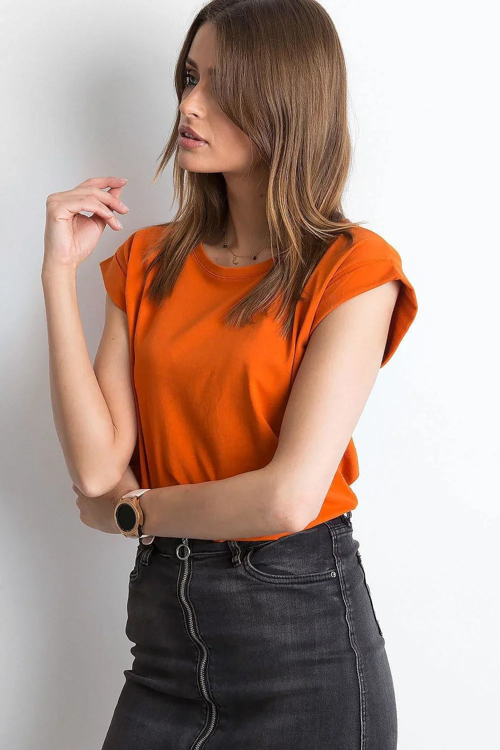 Women Crew-Neck Short-Sleeves T-Shirt – Stretchable - Orange -Guocali