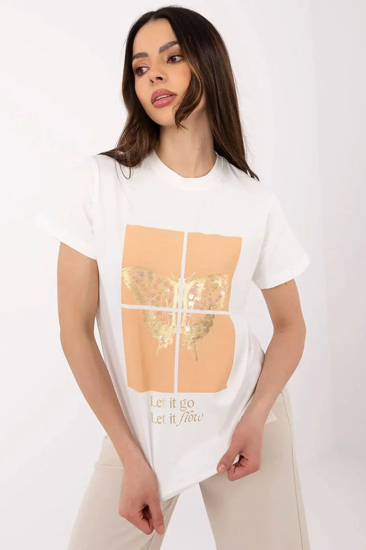 Women Crew-Neck Short-Sleeves T-Shirt – Stretchable - White, Gold, Peach -Guocali