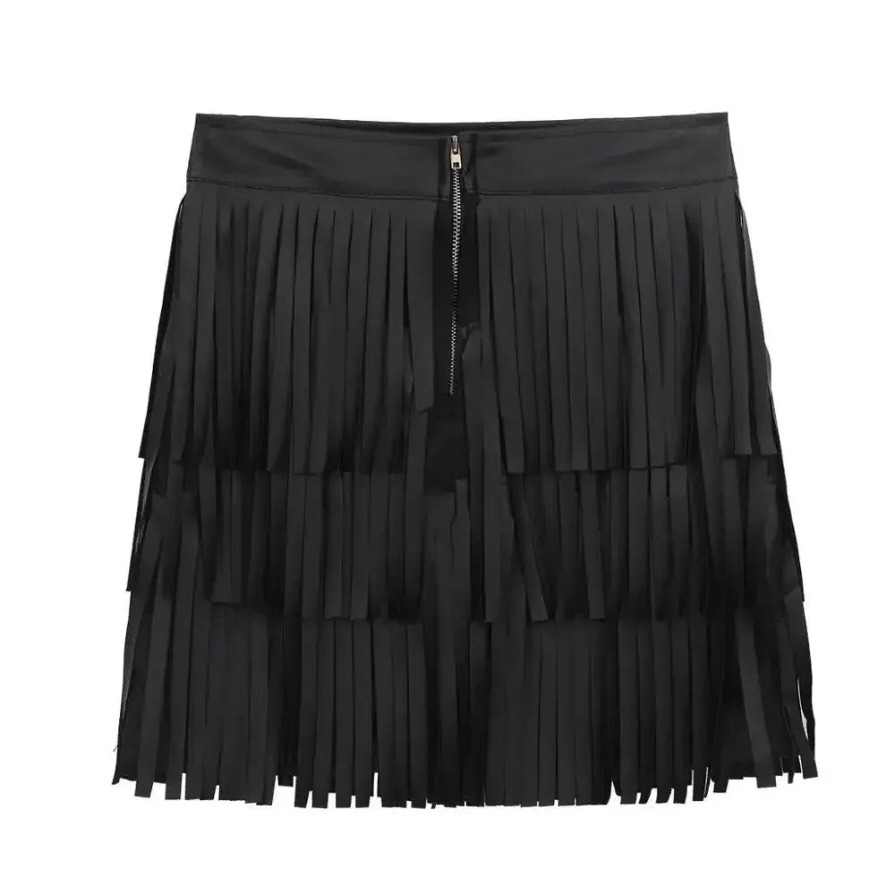 Women Leather Skirt - Layered Fringe Tassel Skirt -Guocali