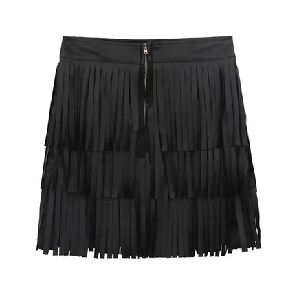 Women Leather Skirt - Layered Fringe Tassel Skirt -Guocali
