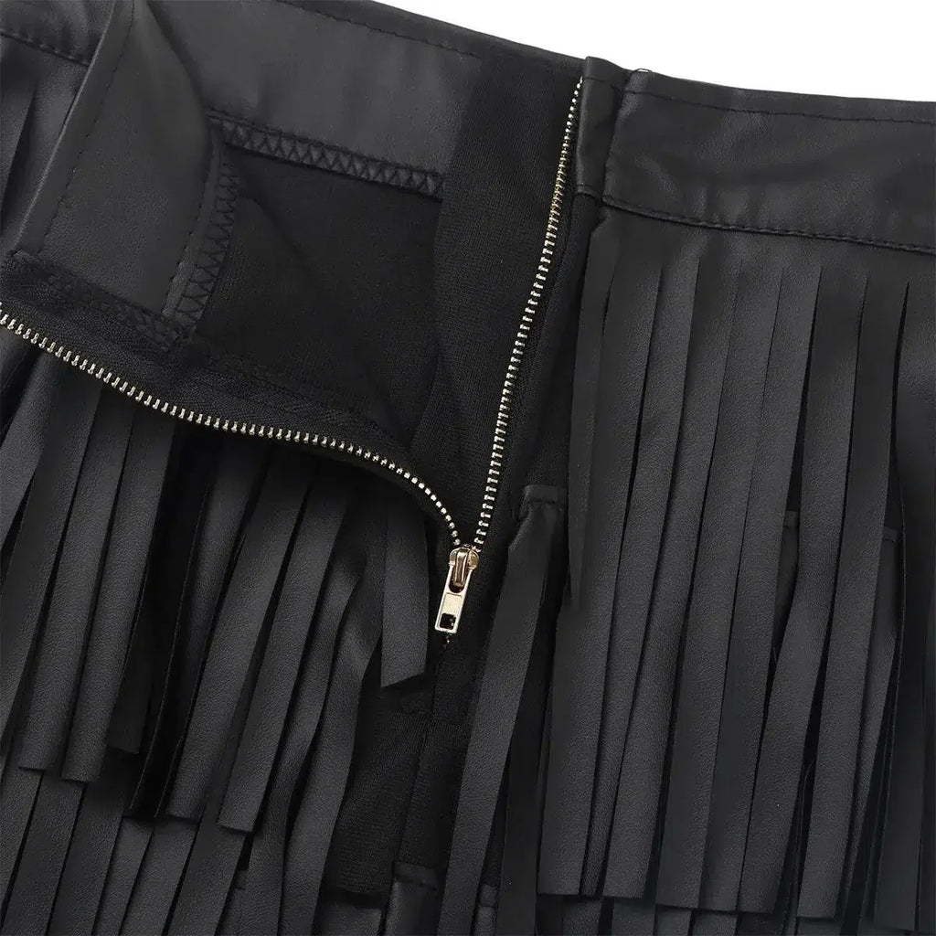 Women Leather Skirt - Layered Fringe Tassel Skirt -Guocali