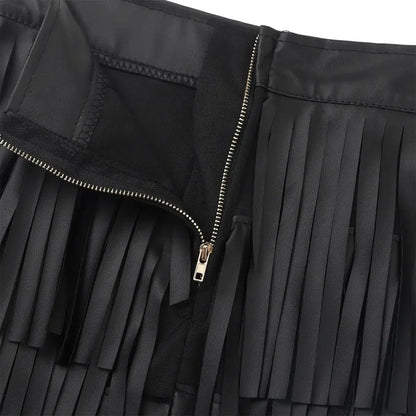 Women Leather Skirt - Layered Fringe Tassel Skirt -Guocali