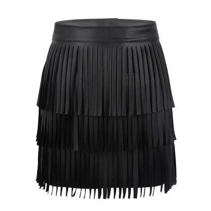 Women Leather Skirt - Layered Fringe Tassel Skirt - Mini Skirt - Guocali