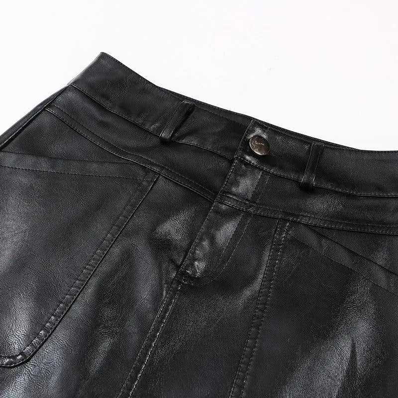 Women Mini Skirt Leather A-Line Pockets - High Waist Women Skirt