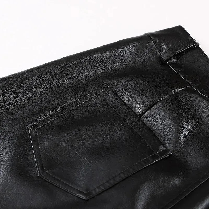 Women Mini Skirt Leather A-Line Pockets - High Waist Women Skirt