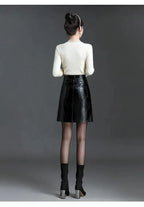 Women Mini Skirt Leather A-Line Pockets - High Waist Women Skirt