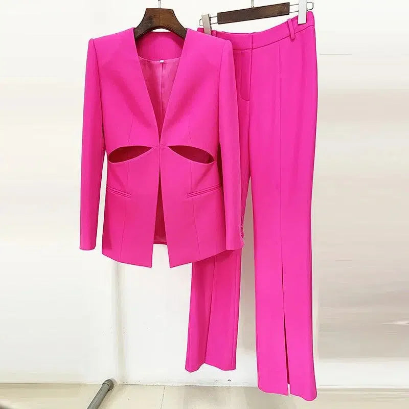 Women Pant Suit - Collarless Blazer - Slit Trouser Suit -Guocali