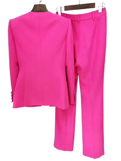 Women Pant Suit - Collarless Blazer - Slit Trouser Suit -Guocali