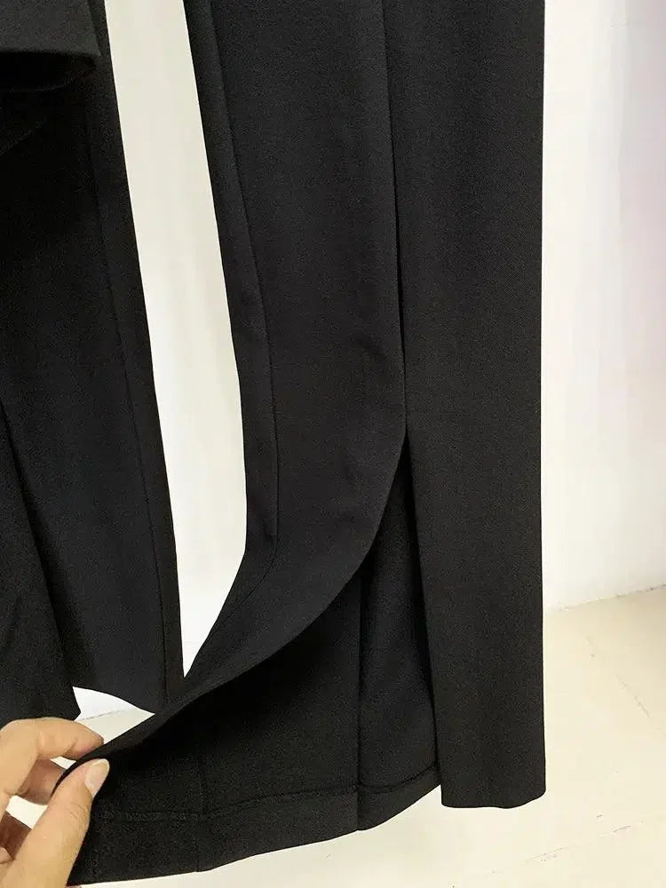 Women Pant Suit - Collarless Blazer - Slit Trouser Suit -Guocali