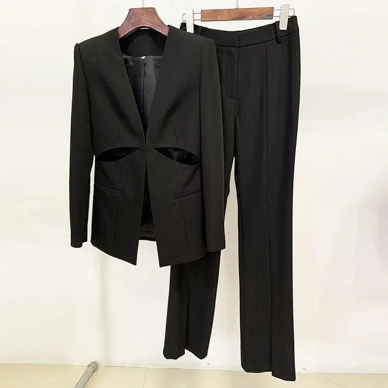 Women Pant Suit - Collarless Blazer - Slit Trouser Suit -Guocali