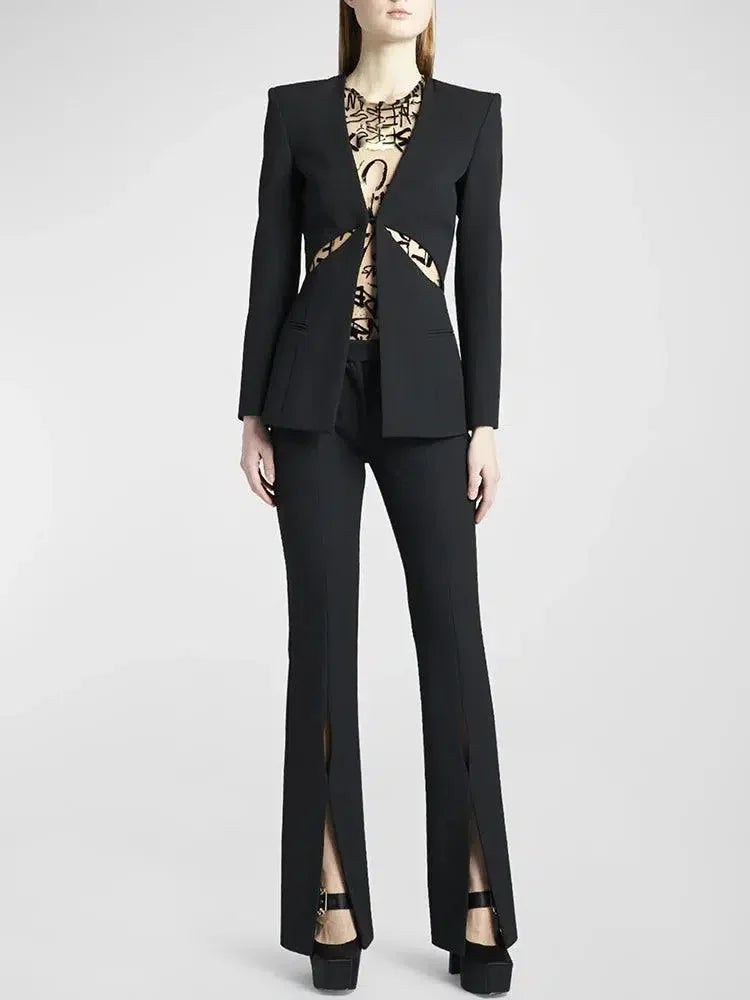 Women Pant Suit - Collarless Blazer - Slit Trouser Suit -Guocali