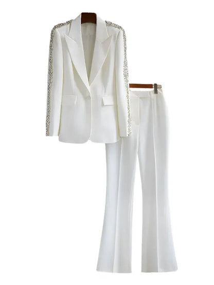 Women Pant Suit - Diamonds Beaded Blazer, Flare Trousers -Guocali