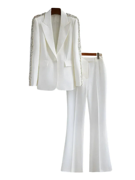 Women Pant Suit - Diamonds Beaded Blazer, Flare Trousers -Guocali