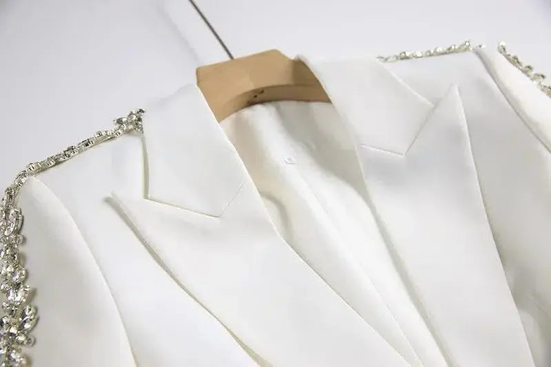 Women Pant Suit - Diamonds Beaded Blazer, Flare Trousers -Guocali