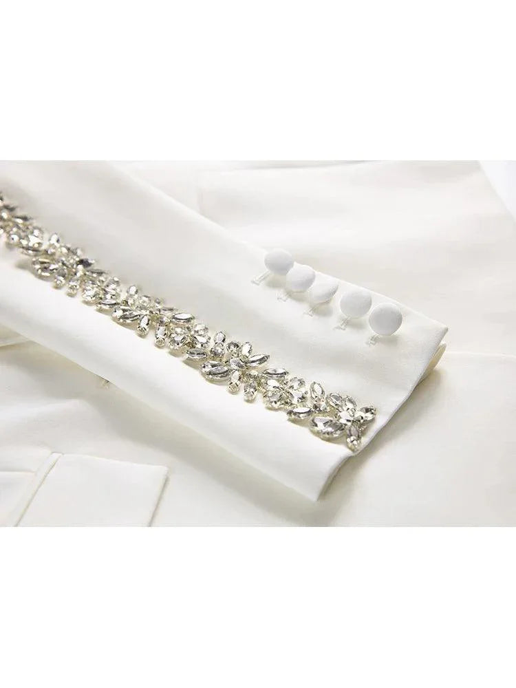 Women Pant Suit - Diamonds Beaded Blazer, Flare Trousers -Guocali