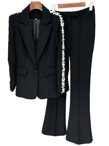 Women Pant Suit - Diamonds Beaded Blazer, Flare Trousers -Guocali