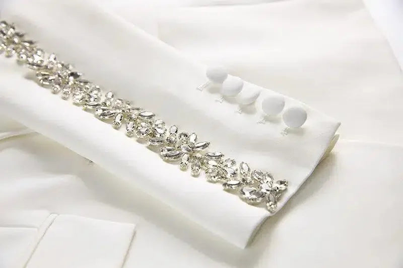 Women Pant Suit - Diamonds Beaded Blazer, Flare Trousers -Guocali