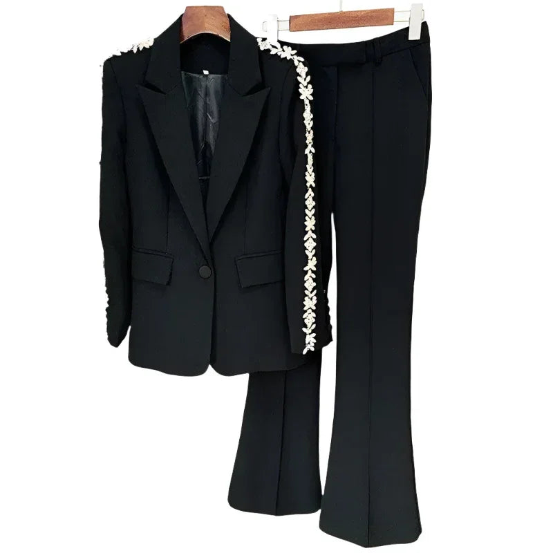 Women Pant Suit - Diamonds Beaded Blazer, Flare Trousers -Guocali