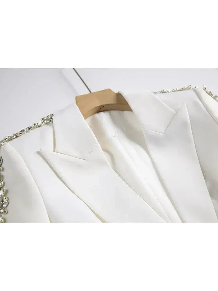 Women Pant Suit - Diamonds Beaded Blazer, Flare Trousers -Guocali