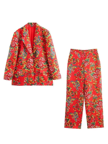 Women Pant Suit - Flower Embellished Trouser Suit -Guocali