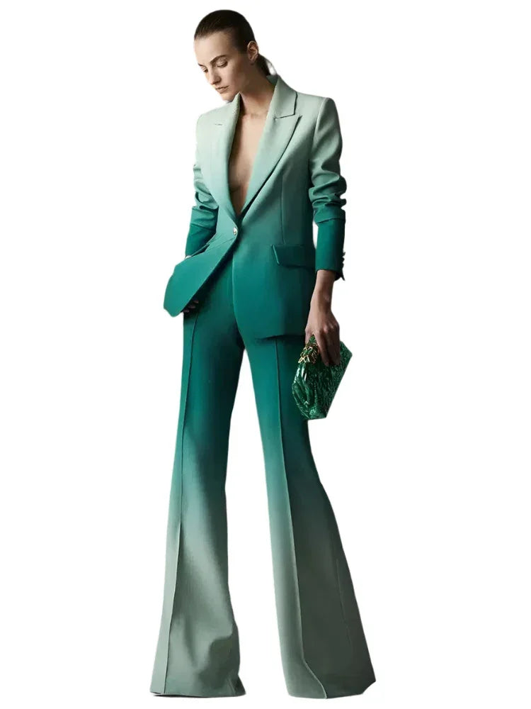 Women Pant Suit - Gradient Color, Flare Pants Trouser Suit -Guocali