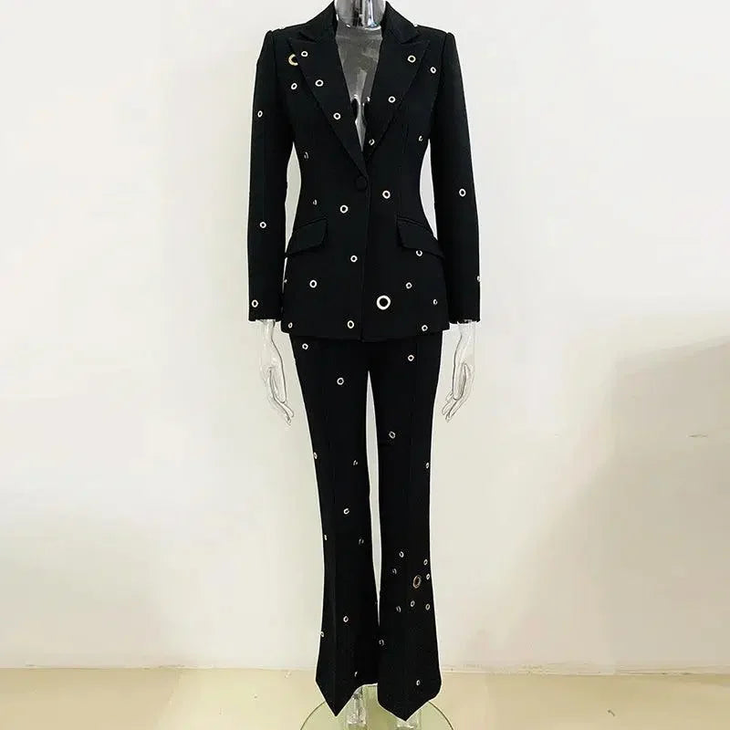Women Pant Suit - Grommet Lapel Blazer Trouser Suit -Guocali
