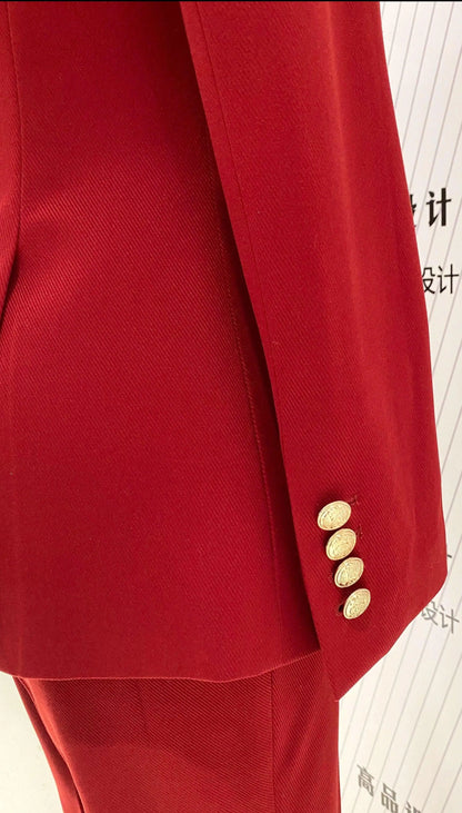 Women Pant Suit, Red Slim Fit Double Breasted Formal Pantsuit -Guocali