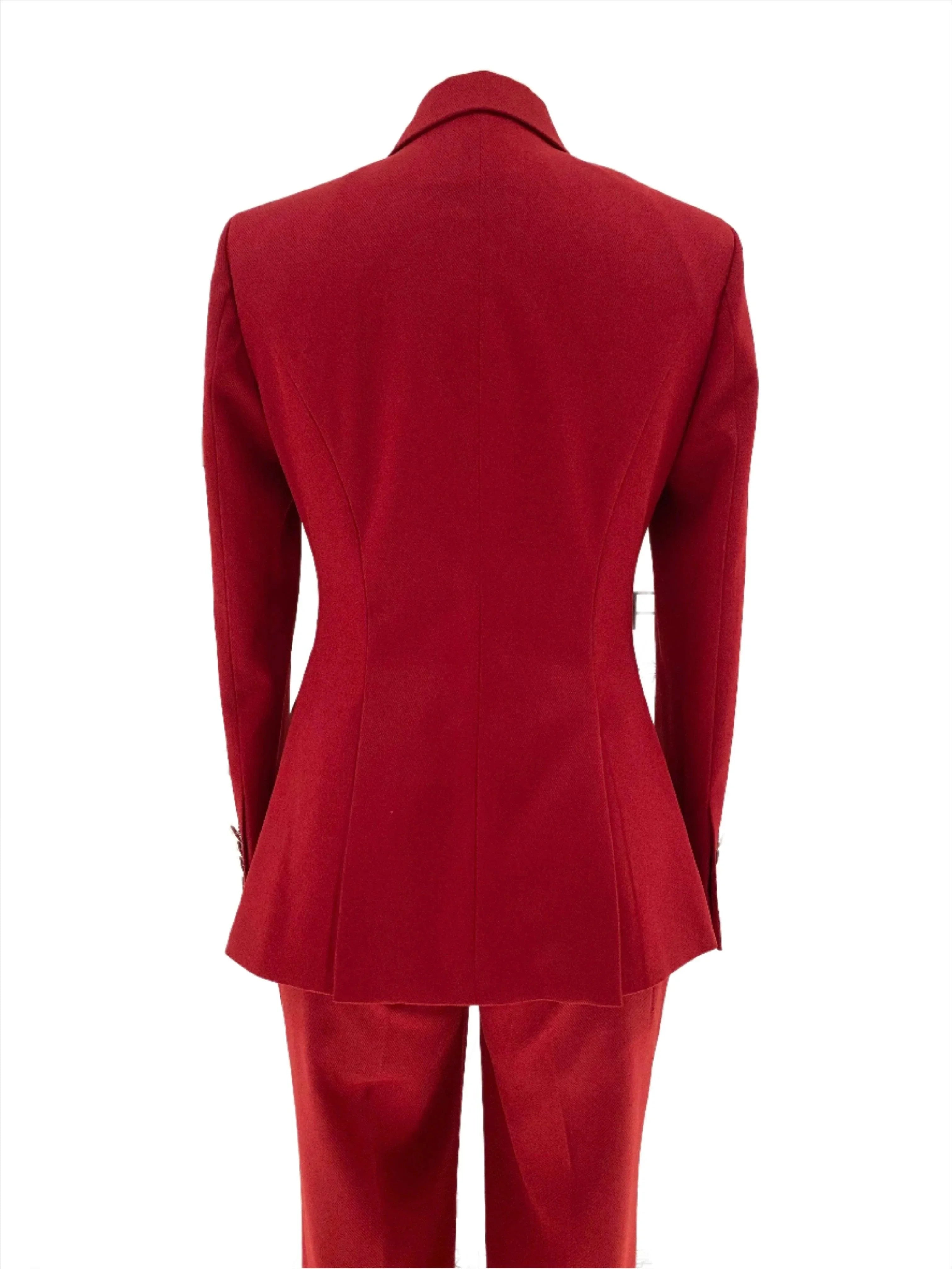 Women Pant Suit, Red Slim Fit Double Breasted Formal Pantsuit -Guocali