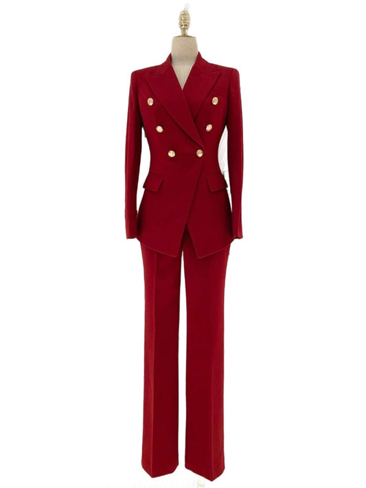 Women Pant Suit, Red Slim Fit Double Breasted Formal Pantsuit - Pantsuit - Guocali