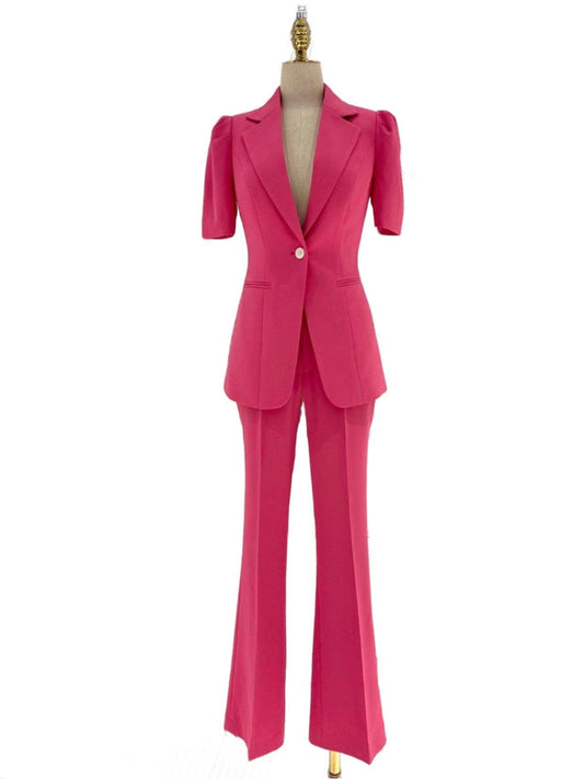 Women Pant Suit - Rose Red One-button Trouser Suit - Pantsuit - Guocali