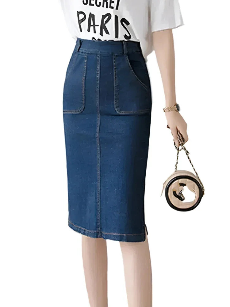 Women Pencil Skirt Denim Knee-Length Pockets - High Waist Women Skirt