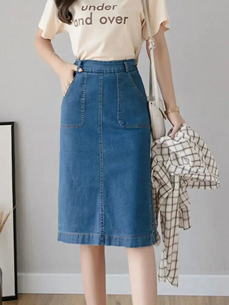Women Pencil Skirt Denim Knee-Length Pockets - High Waist Women Skirt