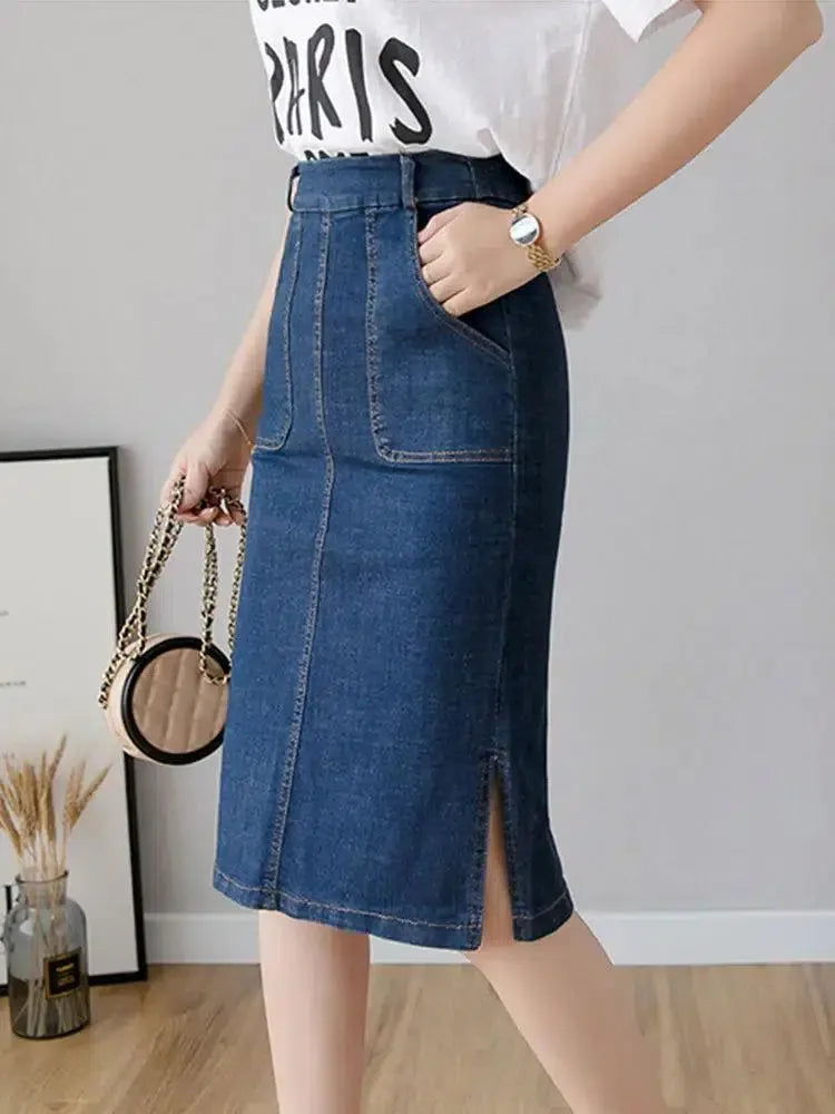 Women Pencil Skirt Denim Knee-Length Pockets - High Waist Women Skirt