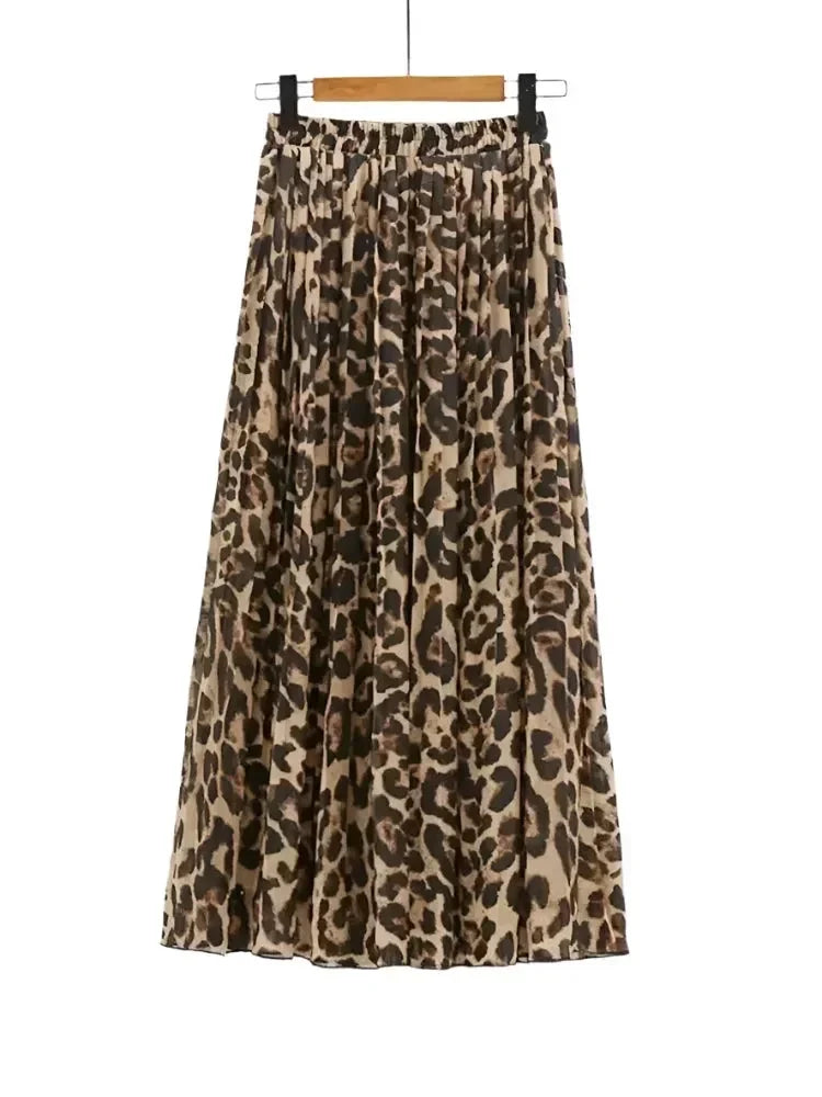 Women Pleated Skirt Animal Print - High Waist Midi Women Skirt