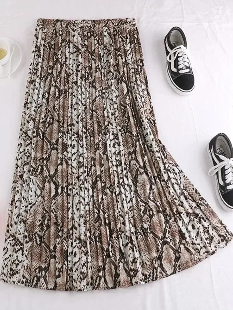 Women Pleated Skirt Animal Print - High Waist Midi Women Skirt