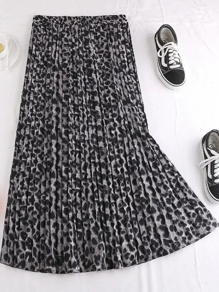 Women Pleated Skirt Animal Print - High Waist Midi Women Skirt