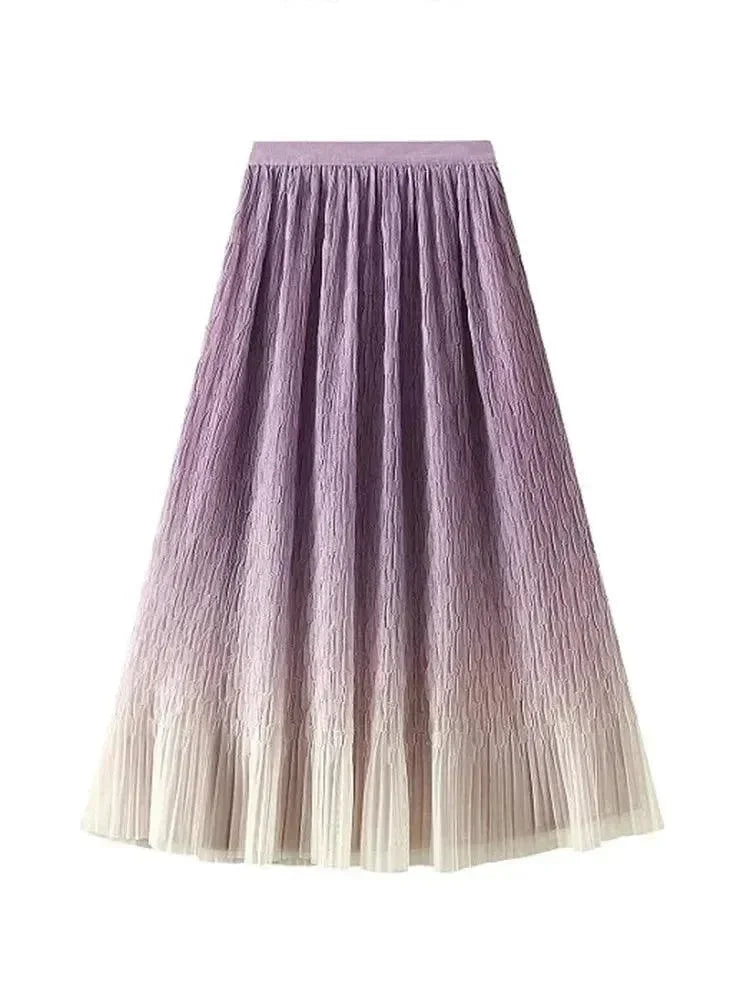 Women Pleated Skirt Gradient Mesh - Midi Women Skirt