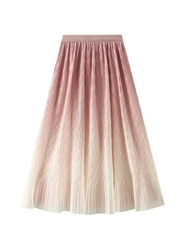 Women Pleated Skirt Gradient Mesh - Midi Women Skirt
