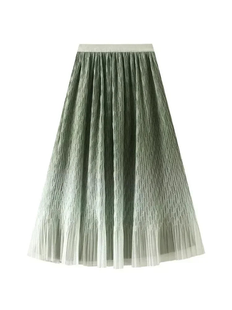 Women Pleated Skirt Gradient Mesh - Midi Women Skirt