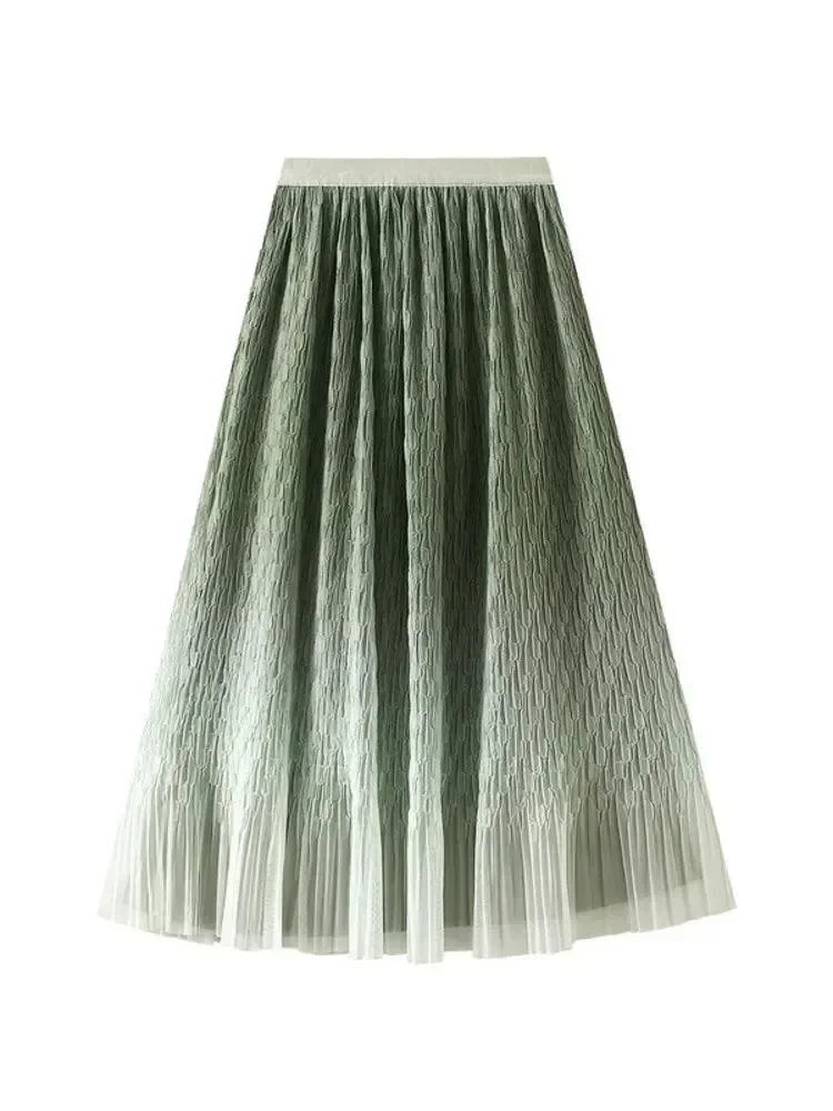 Women Pleated Skirt Gradient Mesh - Midi Women Skirt