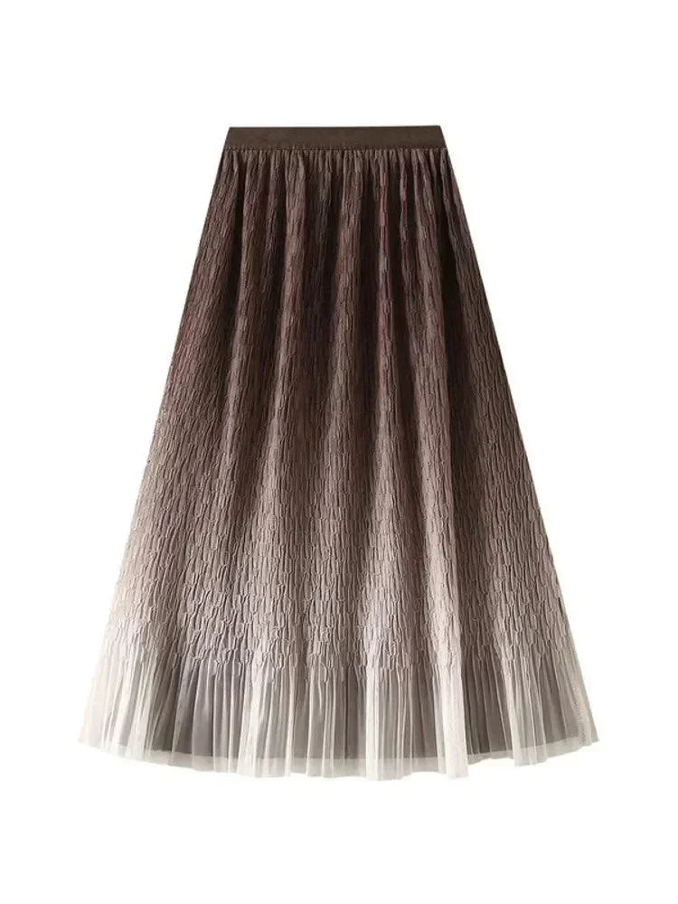 Women Pleated Skirt Gradient Mesh - Midi Women Skirt