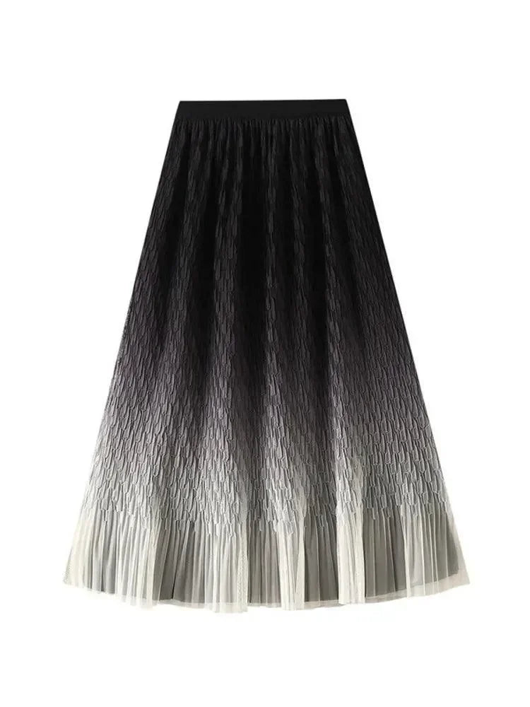 Women Pleated Skirt Gradient Mesh - Midi Women Skirt