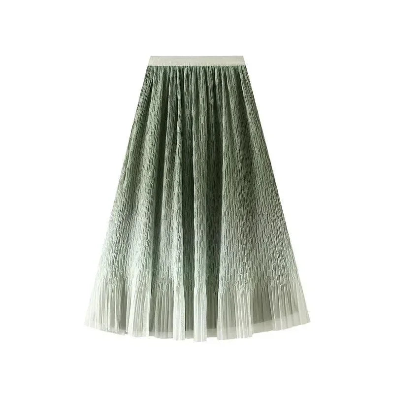 Women Pleated Skirt Gradient Mesh - Midi Women Skirt
