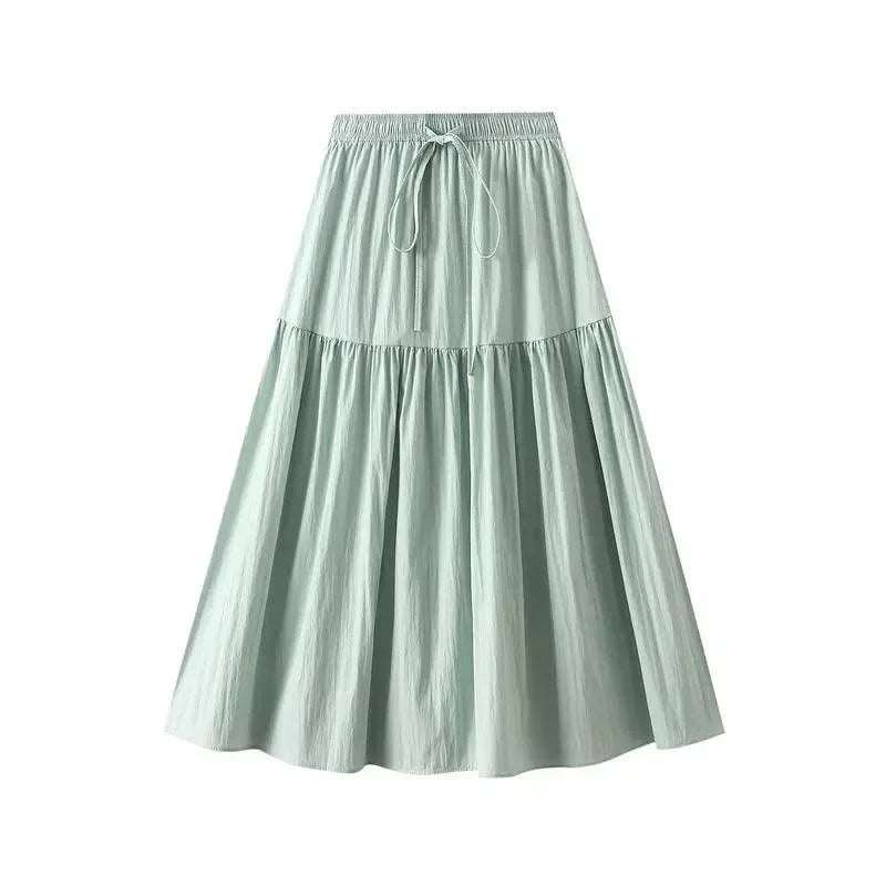 Women Pleated Skirt Lace-Up Elastic - High Waist Midi Women Skirt