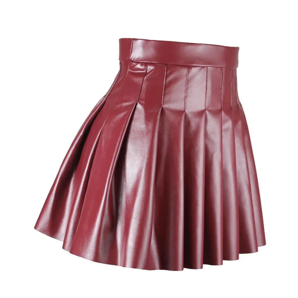 Women Pleated Skirt Leather Flared Mini - High Waist Women Skirt