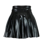 Women Pleated Skirt Leather Flared Mini - High Waist Women Skirt