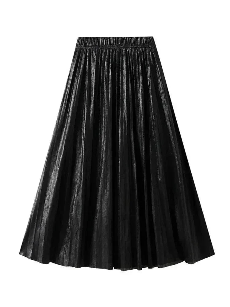 Women Pleated Skirt Metallic High Waist - Midi Women Skirt