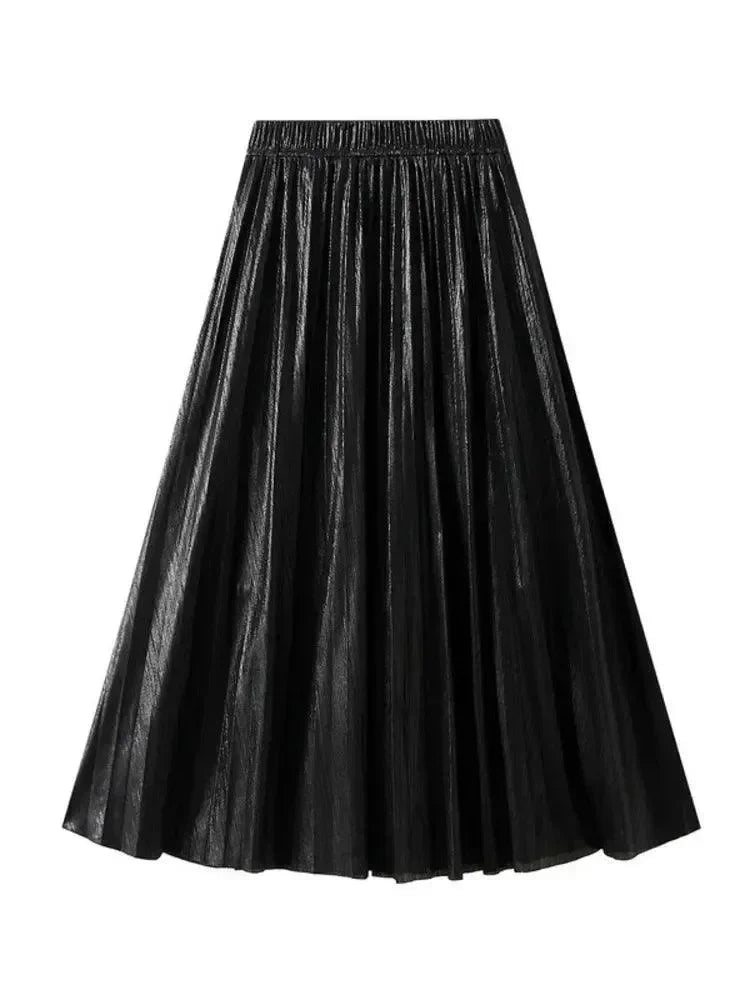 Women Pleated Skirt Metallic High Waist - Midi Women Skirt