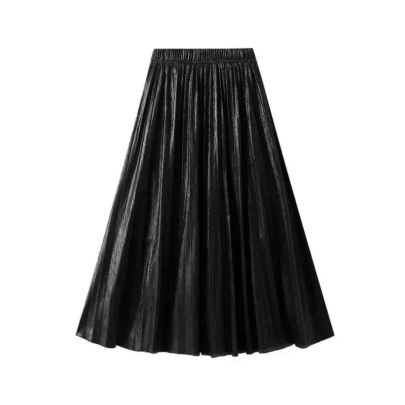 Women Pleated Skirt Metallic High Waist - Midi Women Skirt