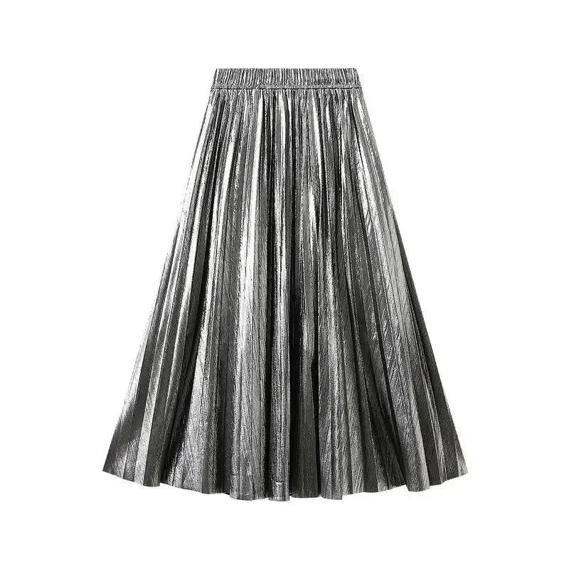 Women Pleated Skirt Metallic High Waist - Midi Women Skirt